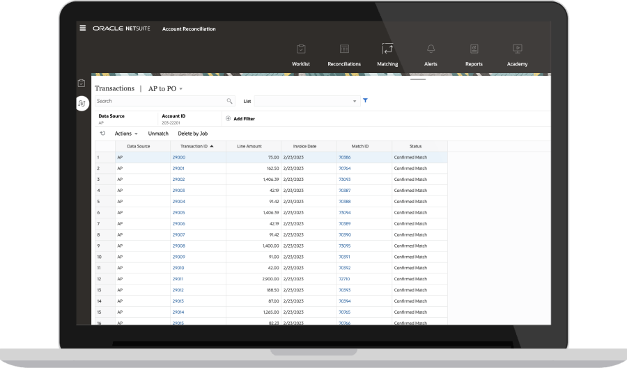 Transaction Matching dashboard