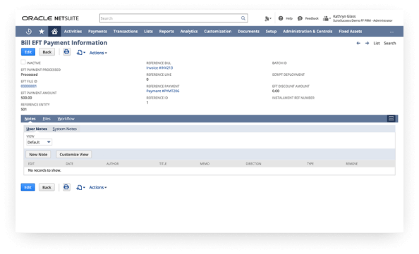 NetSuite Electronic Bank Payments dashboard