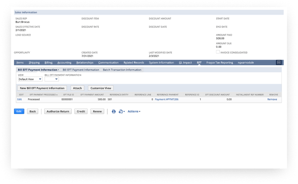 NetSuite BIll EFT payment information dashboard