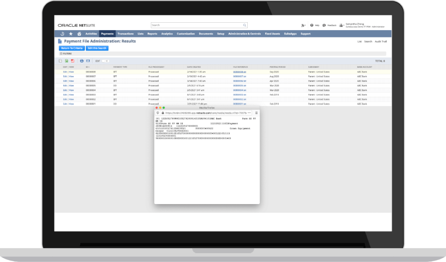 NetSuite dashboard showing payment files list