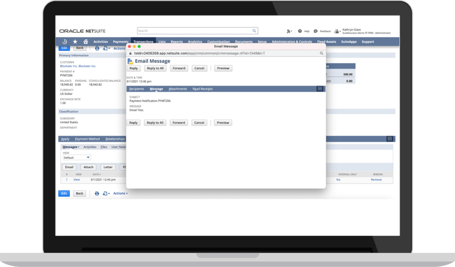 NetSuite email message notification dashboard