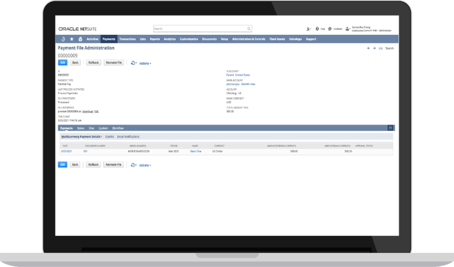 NetSuite payment file administration dashboard