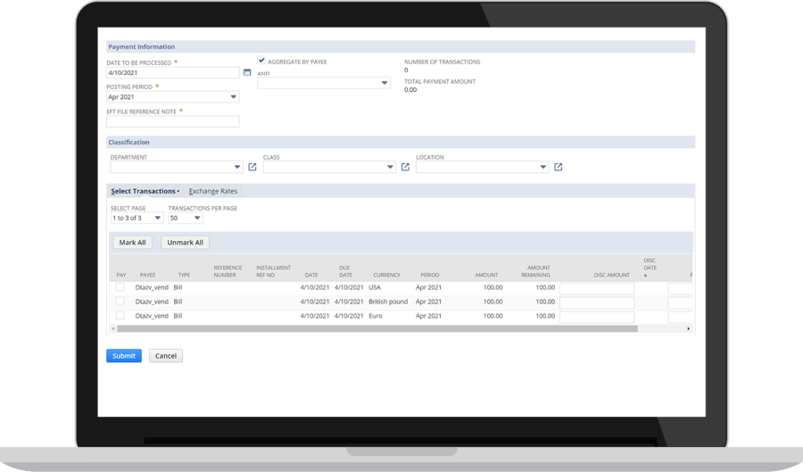 NetSuite payment information dashboard